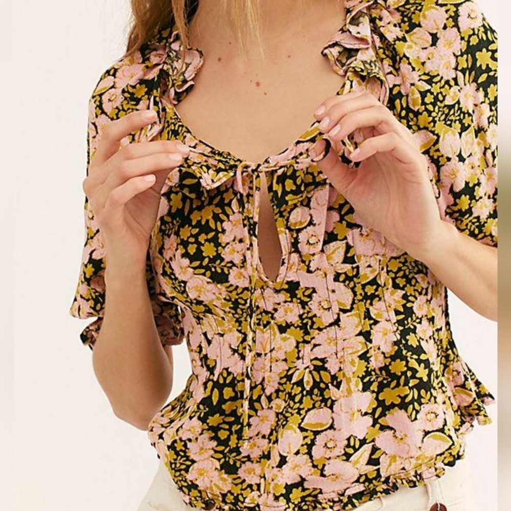 FREE PEOPLE Sweet Memories Floral Fitted Peasant Blouse S Women